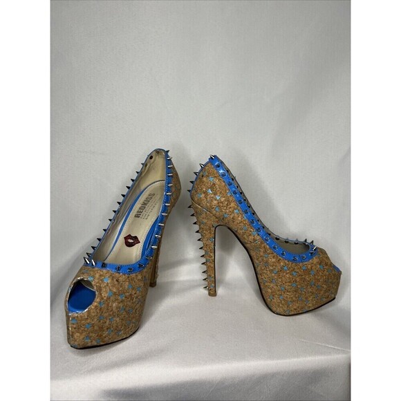 Red Kiss Studded Ruby Blue Cork High Heels Dancer Sz 8 Platform Spikes 5" Heel - Picture 3 of 7